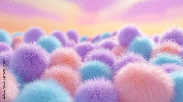 Fototapeta Fluffy, pastel-colored spheres, forming a field against a soft sunset sky