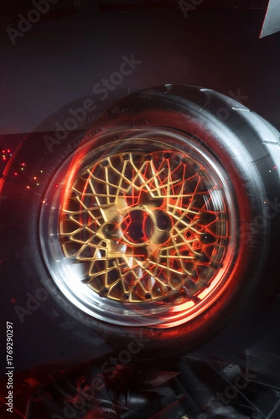 Fototapeta old retro stylish wheels collapsible two-component with a gold center and shiny rims for car tuning long exposure photo to simulate movement