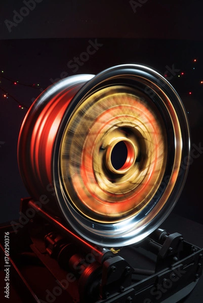 Fototapeta old retro stylish wheels collapsible two-component with a gold center and shiny rims for car tuning long exposure photo to simulate movement