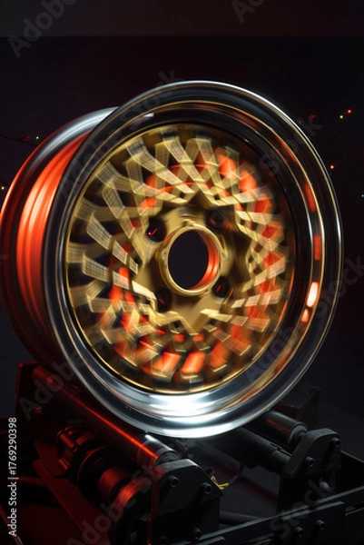 Fototapeta old retro stylish wheels collapsible two-component with a gold center and shiny rims for car tuning long exposure photo to simulate movement