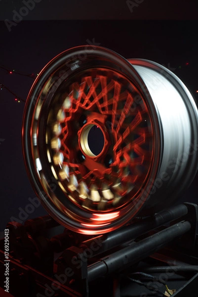 Fototapeta old retro stylish wheels collapsible two-component with a gold center and shiny rims for car tuning long exposure photo to simulate movement