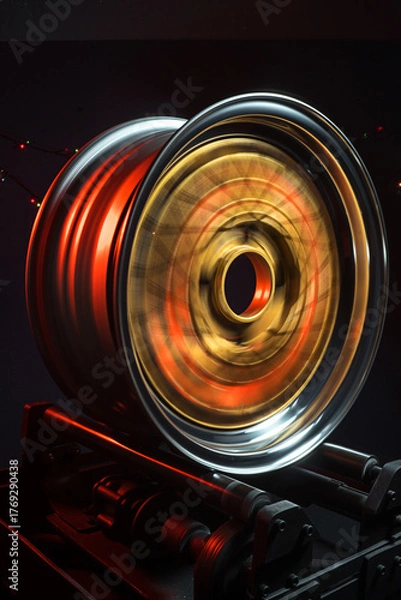 Fototapeta old retro stylish wheels collapsible two-component with a gold center and shiny rims for car tuning long exposure photo to simulate movement