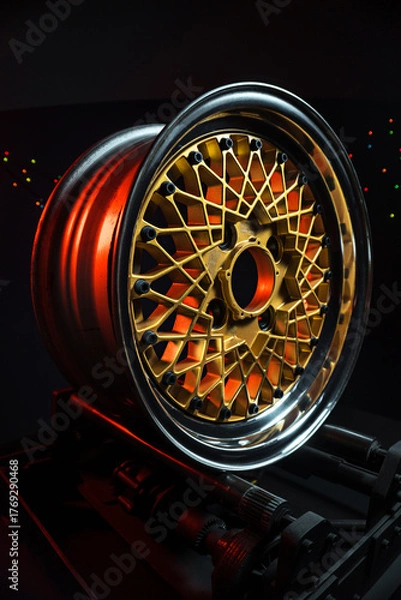 Fototapeta old retro stylish wheels collapsible two-component with a gold center and shiny rims for car tuning long exposure photo to simulate movement