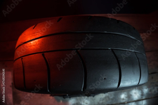 Fototapeta old retro stylish wheels collapsible two-component with a gold center and shiny rims for car tuning long exposure photo to simulate movement