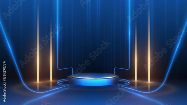Obraz Empty podium golden on blue background with neon effect decoration. Luxury scene design concept for product display.