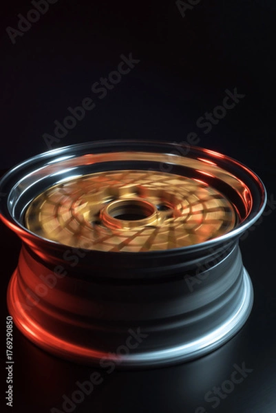 Fototapeta old retro stylish wheels collapsible two-component with a gold center and shiny rims for car tuning long exposure photo to simulate movement