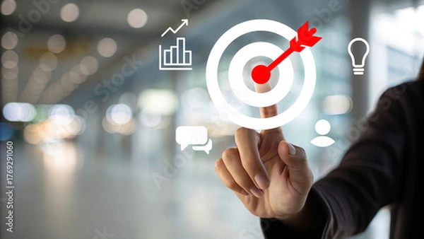 Fototapeta Businessman touching digital target icon with arrow hit bullseye, marketing strategy, KPI performance analytics, customer engagement and business success 