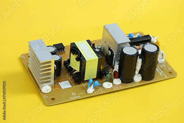 Fototapeta Electrical circuit board. Power supply board unit for electronics isolated on yellow background.