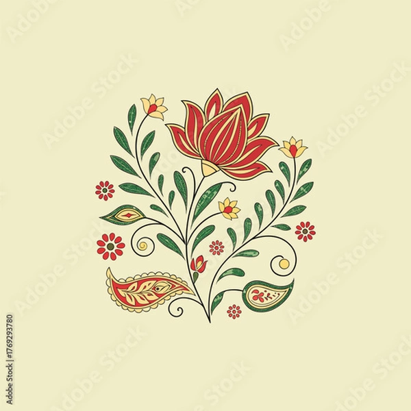 Fototapeta Colorful different type of birds sitting on tree branches with colourful floral and leaf patterns, featuring nature vector illustration