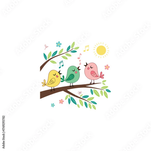 Fototapeta Colorful different type of birds sitting on tree branches with colourful floral and leaf patterns, featuring nature vector illustration