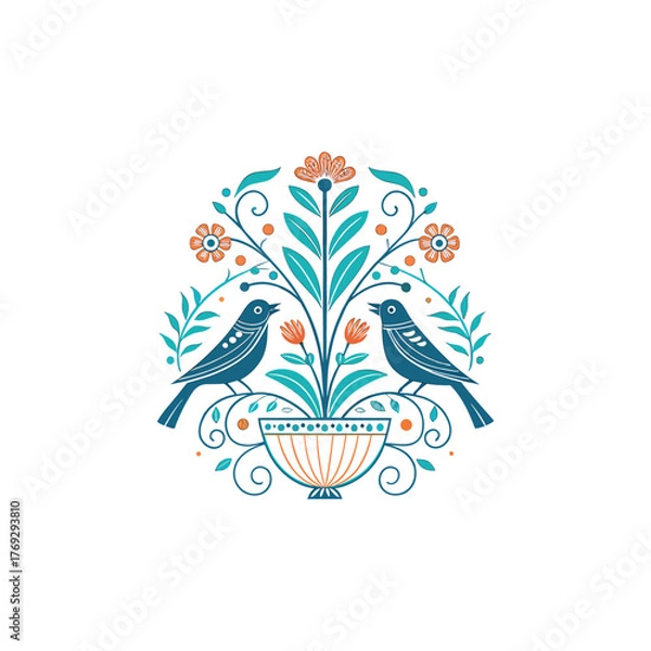 Fototapeta Colorful different type of birds sitting on tree branches with colourful floral and leaf patterns, featuring nature vector illustration