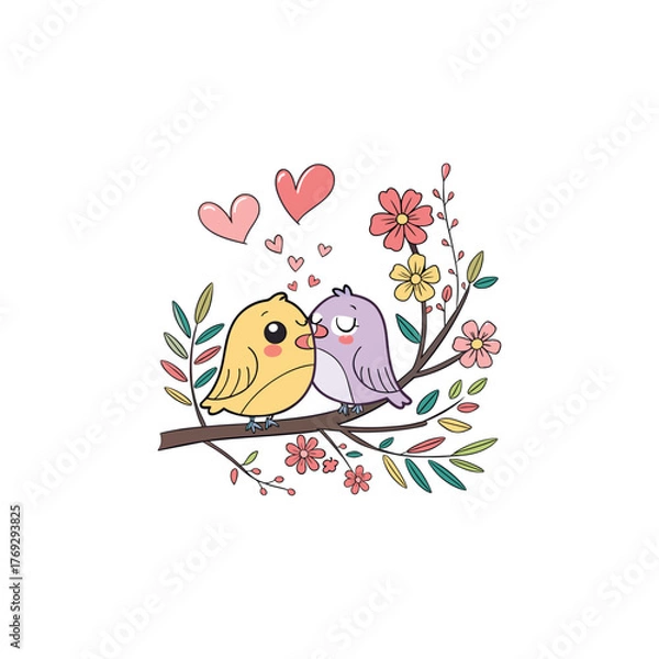 Fototapeta Colorful different type of birds sitting on tree branches with colourful floral and leaf patterns, featuring nature vector illustration