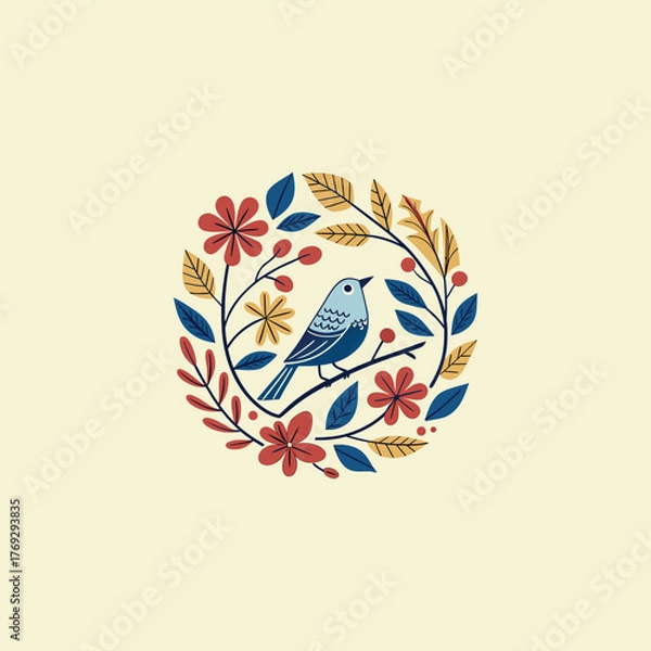 Fototapeta Colorful different type of birds sitting on tree branches with colourful floral and leaf patterns, featuring nature vector illustration