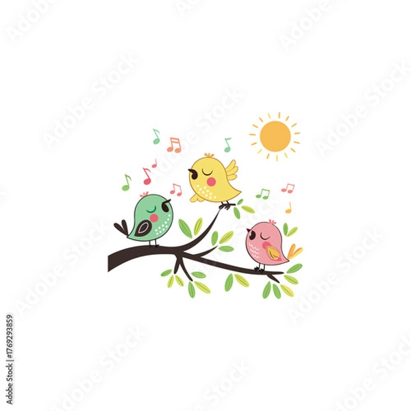 Fototapeta Colorful different type of birds sitting on tree branches with colourful floral and leaf patterns, featuring nature vector illustration