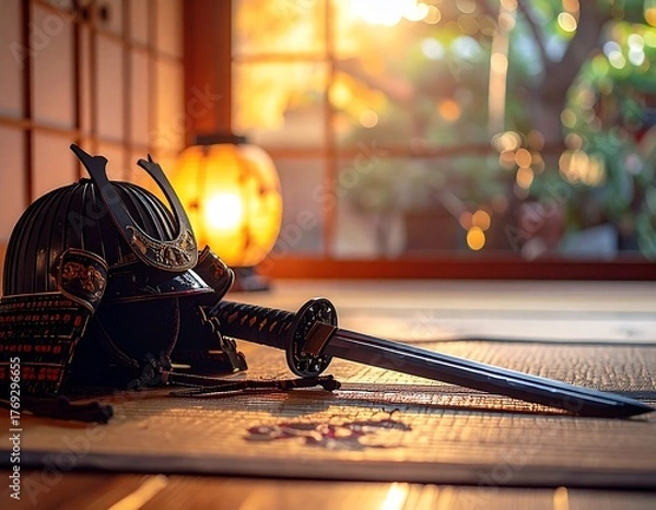 Fototapeta A traditional Japanese katana resting on a tatami mat beside a samurai helmet, soft ambient light from a paper lantern