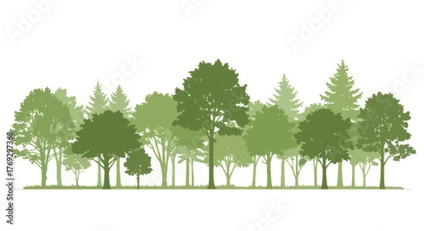 Fototapeta Serene tree line silhouette in graduated green shades, evoking natural harmony and tranquility
