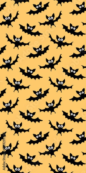 Fototapeta Flying bats seamless pattern. Cute Spooky vector Illustration. Halloween backgrounds and textures in flat cartoon gothic style. Black silhouettes animals on orange background
