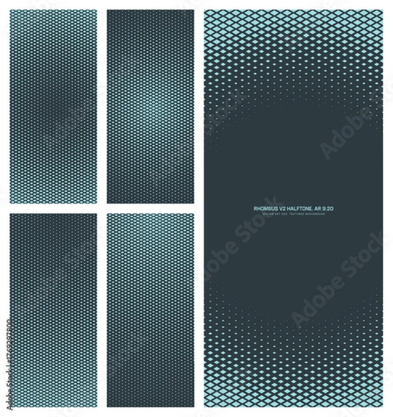 Fototapeta Assorted vector rhombus grid cyan black halftone pattern set in vertical 9:20 aspect ratio including round frame and various radial textures. Varied half tone graphics technology design elements pack