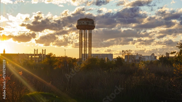 Obraz costruzione industriale e cielo al tramonto