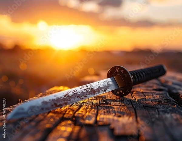 Fototapeta An ancient katana with a slightly rusty blade lying on aged wood, signs of history and use visible, warm sunset lighting