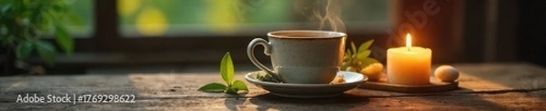 Obraz A steaming mug of herbal tea sits on a rustic wooden table beside a lit candle, creating a calming and peaceful atmosphere perfect for unwinding ,  soothing,  still life