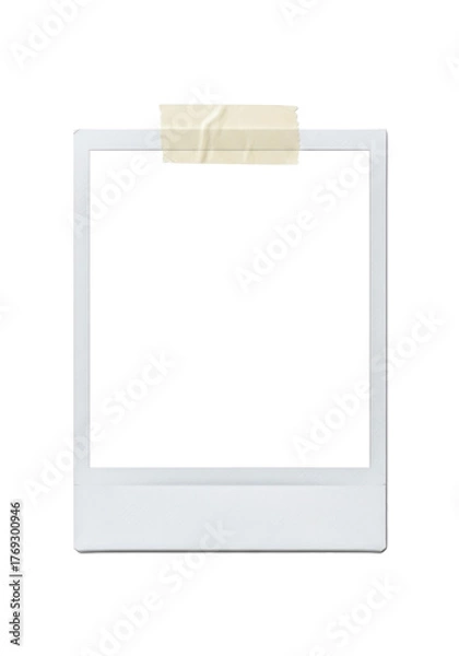 Fototapeta Blank square instant photo print frame taped to a surface with a single strip of masking tape isolated on a clean transparent background