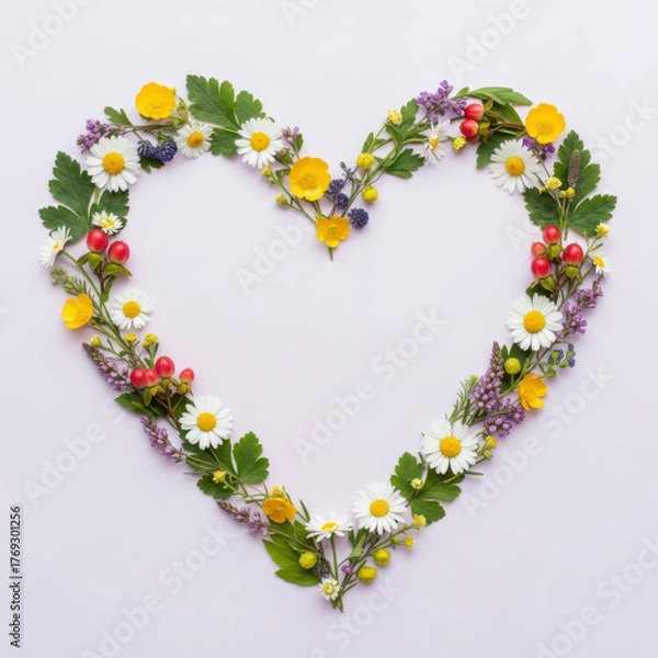 Fototapeta Heart shape made from assorted colorful wildflowers and green leaves on a soft light purple background