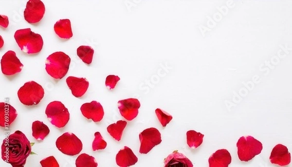 Fototapeta vibrant red rose petals scattered with whole rose on minimalist white backdrop romantic mood banner copy space