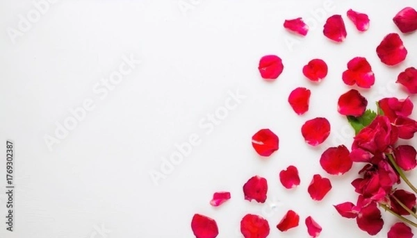 Obraz vibrant red rose petals scattered with whole rose on minimalist white backdrop romantic mood banner copy space