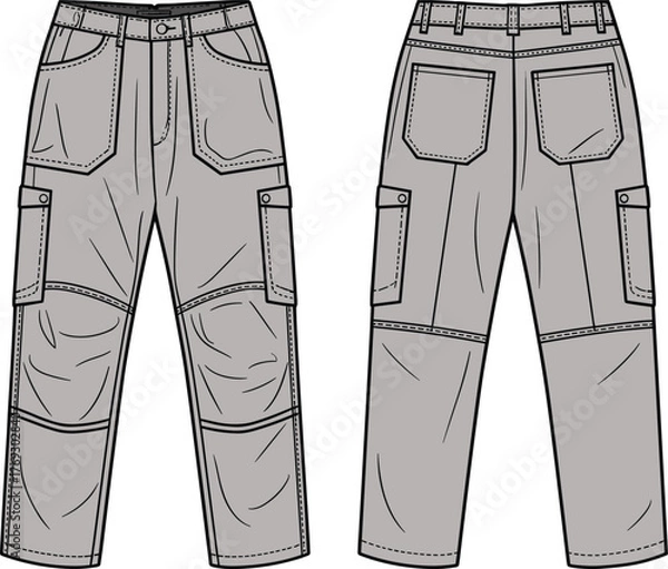 Fototapeta Gray cargo pants front back view, flap pockets, reinforced knees, belt loops, fashion sketch, garment template