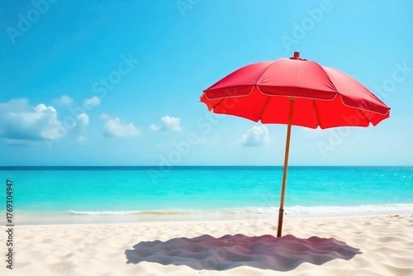 Fototapeta Vibrant red beach umbrella providing shade on a sunny, sandy beach Perfect for summer vacation, relaxation, and coastal imagery Ideal for travel and tourism websites , warmth, coastal, fun