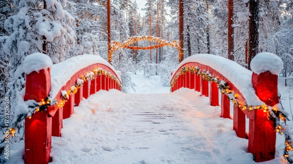Obraz A red bridge covered in snow adorned with fairy lights leading through a winter forest.