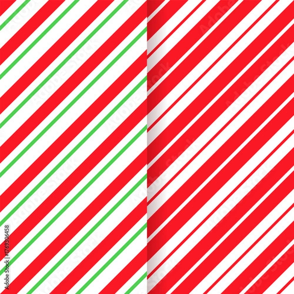 Fototapeta Red green wrapping texture. Candy cane seamless background. Christmas striped pattern. Vector. Xmas holiday diagonal stripes. Set of cute caramel package prints. Geometric illustration.