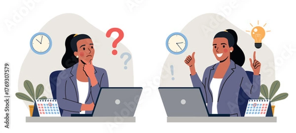 Fototapeta Young woman with beard  before the laptop with question mark in think bubble and  finding new idea. Shiny light bulb. Flat style cartoon vector illustration.