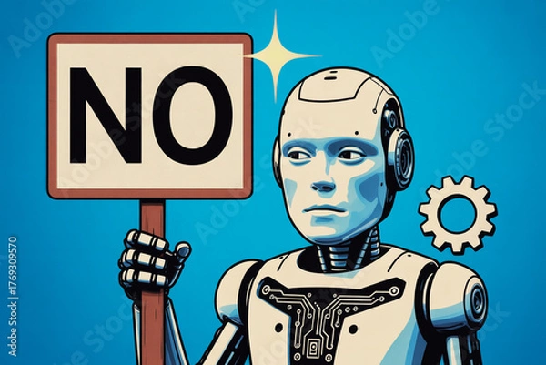 Obraz Robot holding a sign with "NO" on it against a blue background with a gear symbol representing artificial intelligence resistance and technological dissent