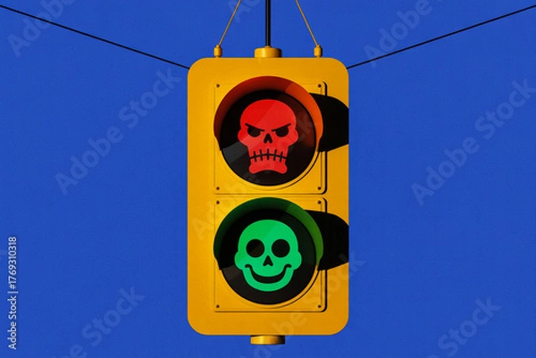 Fototapeta Yellow traffic light with skull icons against a blue background symbolizing danger and safety with red and green lights for a unique concept