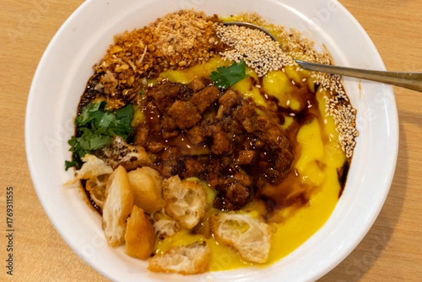 Fototapeta Tofu Nway Burmese Chickpea Tofu Dish Served with Soup and Burmese Tea