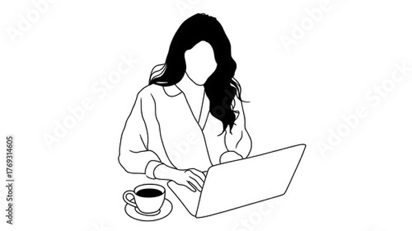 Fototapeta A woman is sitting at a table with a laptop and a cup of coffee