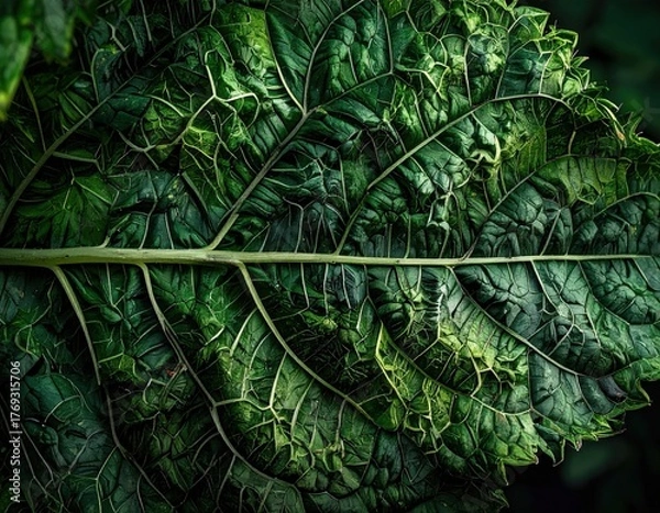 Fototapeta Dramatic macro photograph of a dark green crinkled leaf texture.