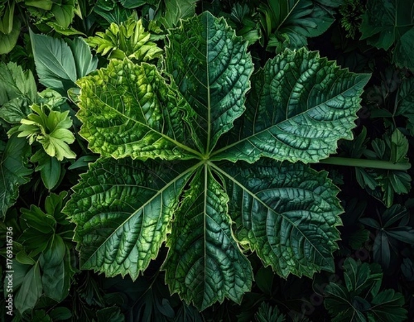 Fototapeta Dramatic top down view of a large textured palmate leaf.