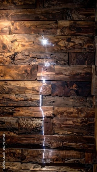 Fototapeta Dramatic Vertical Light Reflection on a Rustic Textured Stacked Wall.