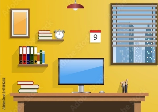 Fototapeta Workplace in room with view city at window