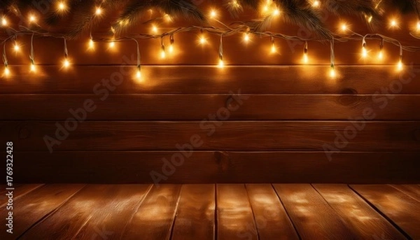 Obraz festive string lights adorn rustic wood surface warm holiday backdrop banner copy space
