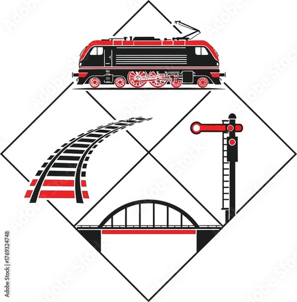 Obraz Railway Engineering Icons Locomotive Railway Track Switching Signal Bridge