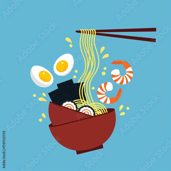 Fototapeta A vibrant, flat-style illustration depicts a red ramen bowl with noodles, shrimp, and eggs energetically splashing out against a simple blue background.