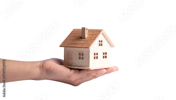 Fototapeta A hand offering a miniature house, representing property ownership and real estate concept. This image symbolizes home, security, and investment