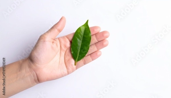 Fototapeta A hand holding a vibrant green leaf, symbolizing nature and the environment