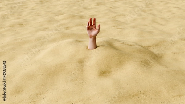 Fototapeta Hand reaching out from desert sand, struggle, survival, desperation, challenge, endurance, help, danger, crisis, human persistence, 3d render