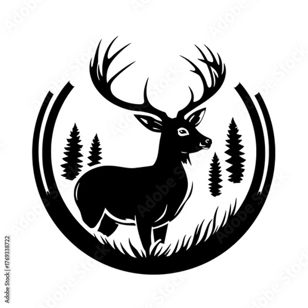 Obraz majestic deer silhouette in a forest clearing, framed by a stylized circular border