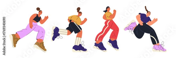 Fototapeta Marathon or sprint runners, isolated people running and exercising. Vector in flat style, men and women keeping fit and training. Sportive athletes, jogging in group, young cool characters in motion